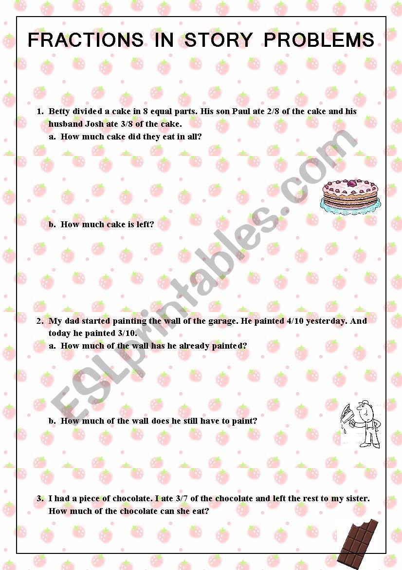 Fractions in story problems worksheet