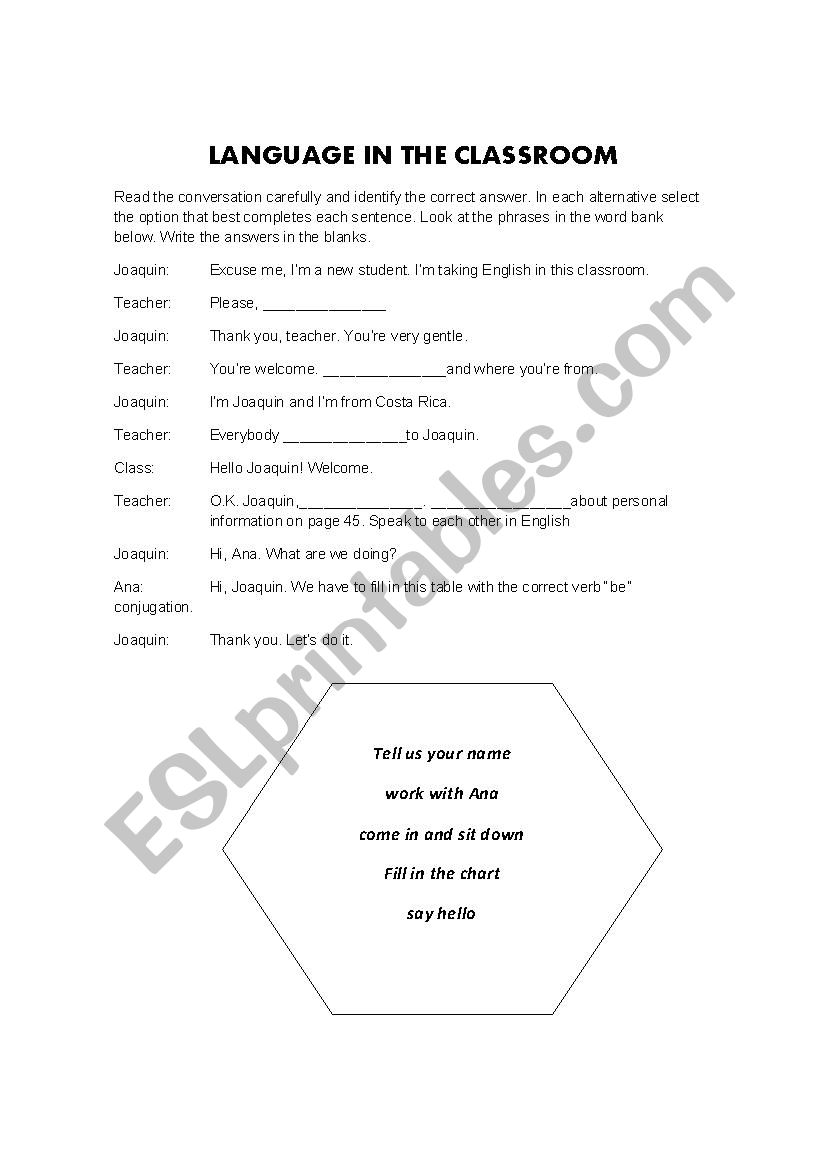 Classroom Language worksheet