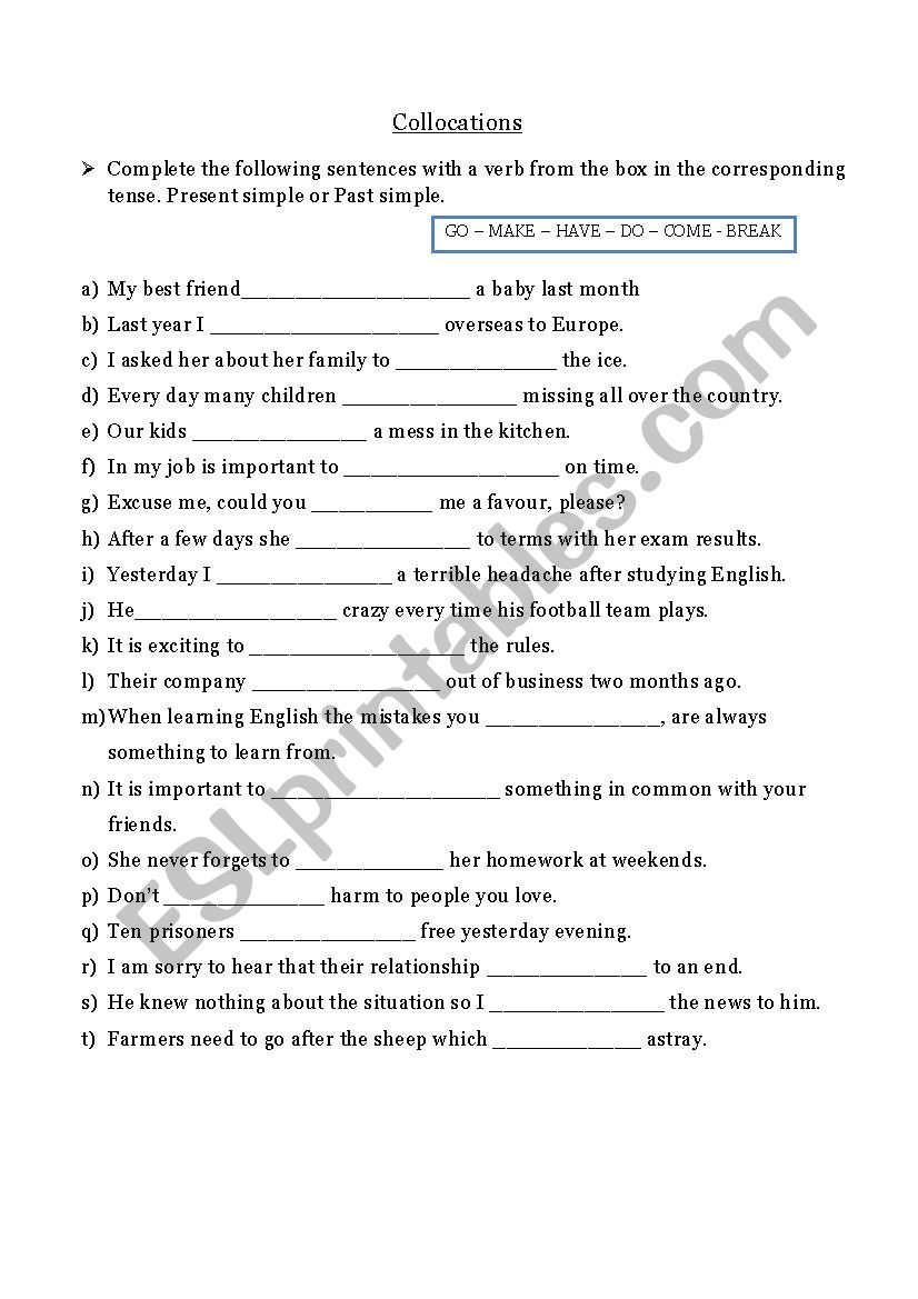 Collocations Handout worksheet