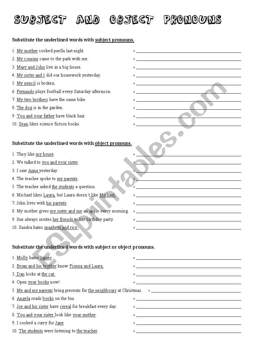 Subject and object pronouns worksheet