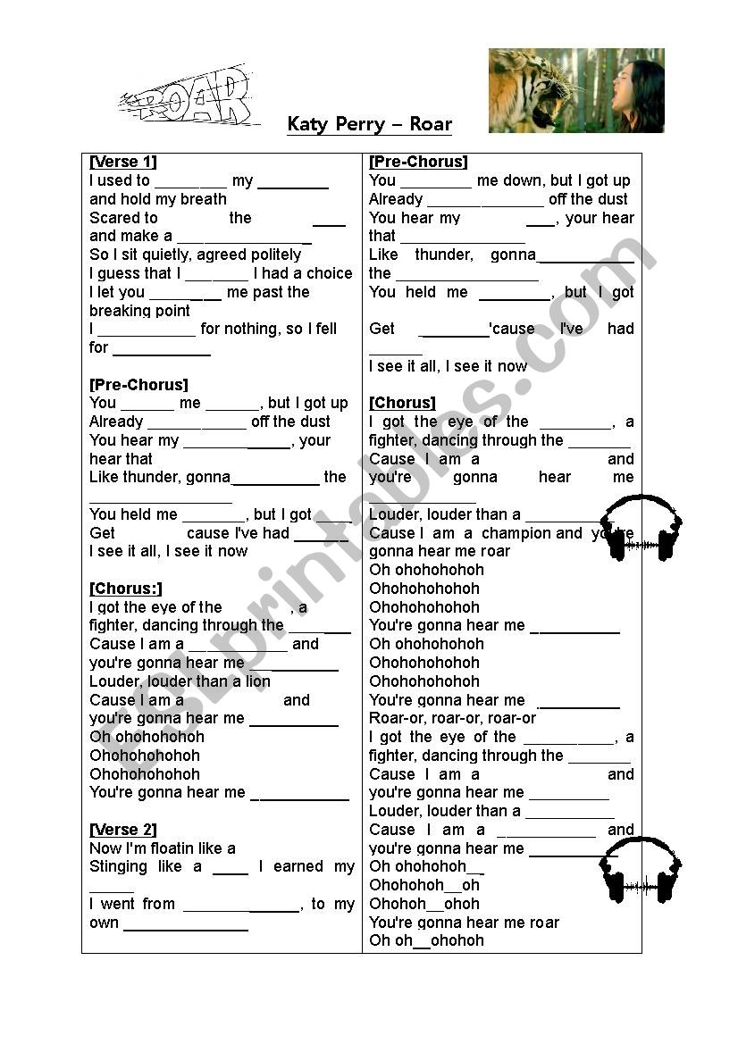 Roar by Katy Perry - Son…: English ESL worksheets pdf & doc