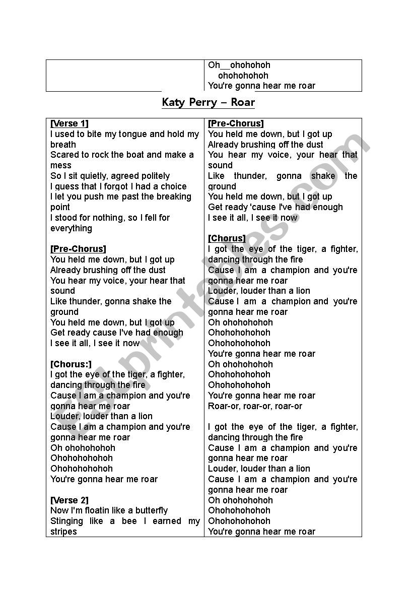 Song Roar Katy Perry - vocabulary practice - ESL worksheet by caiomachado