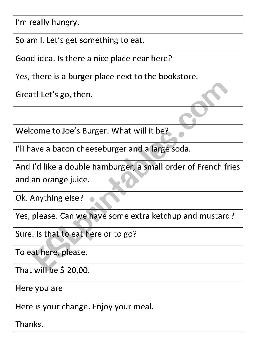 Burger Place Dialoge worksheet