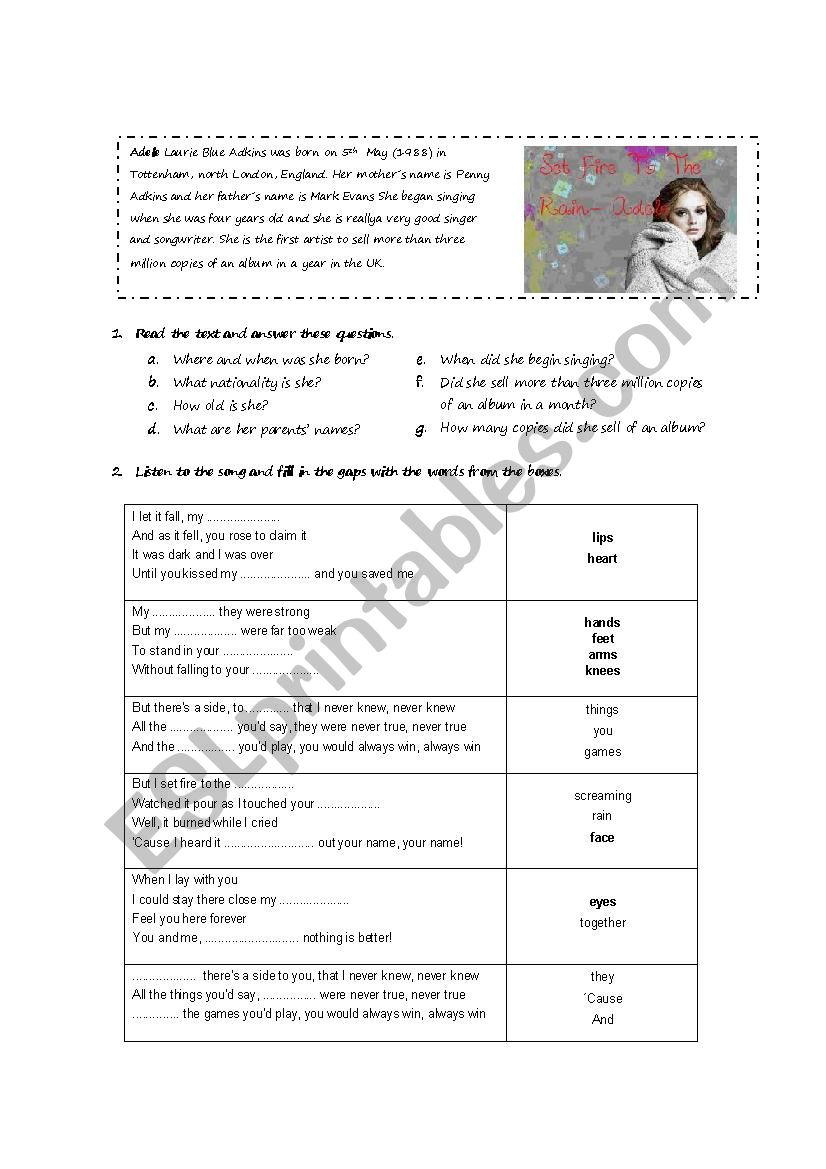 Set fire to the rain song worksheet