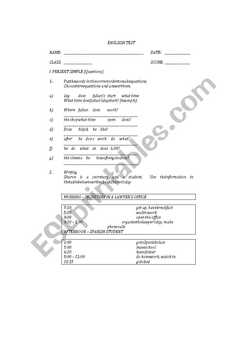 test first class worksheet