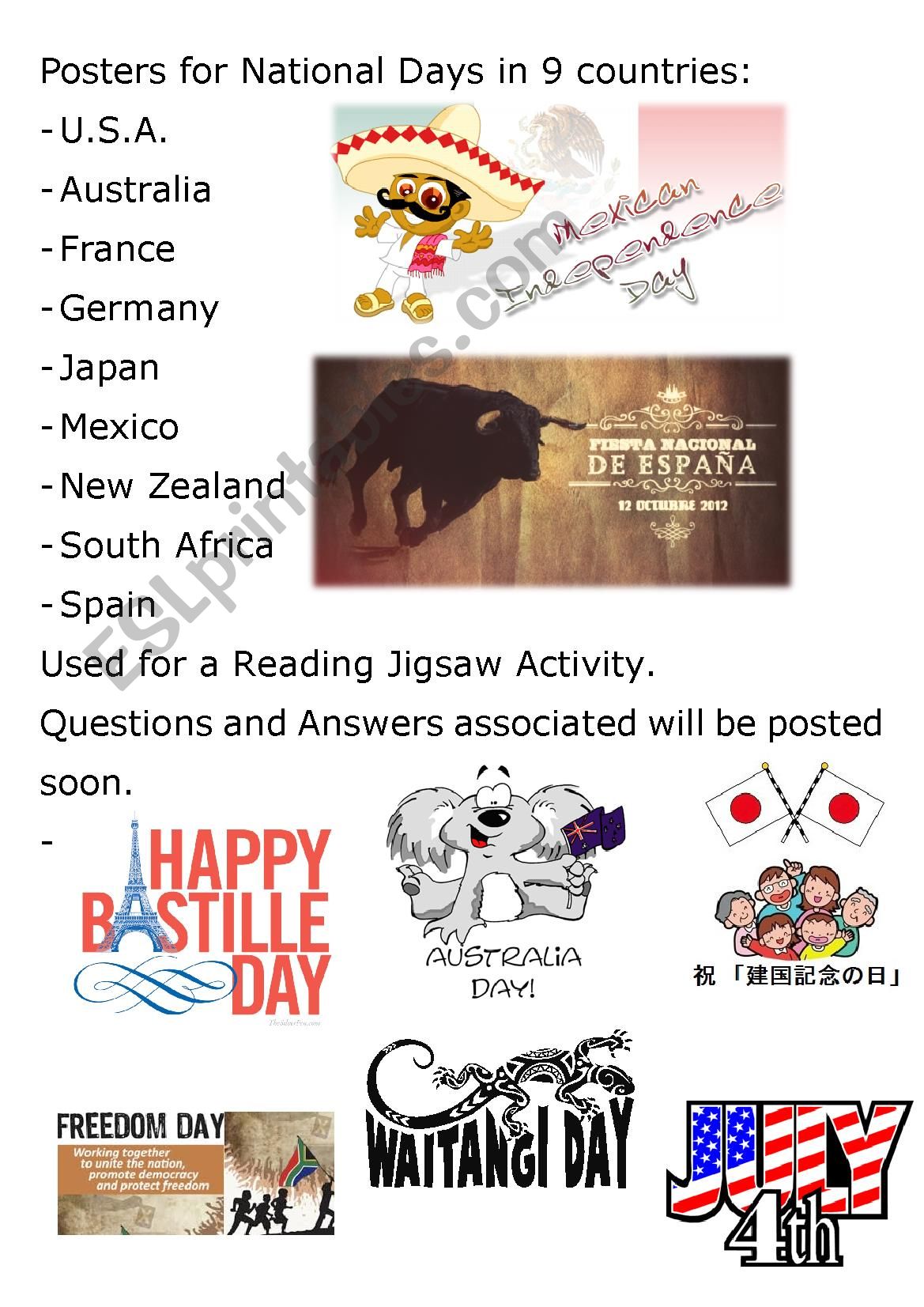 Reading Jigsaw - National Day around the World Posters - Part 1 of 4