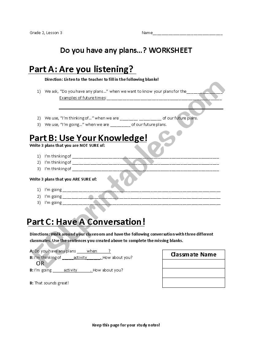 Do you have any plans...? worksheet