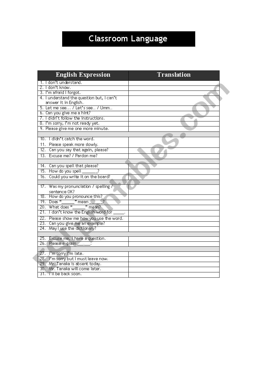 Classroom Langauge - Classroom Questions and Comments for Students 