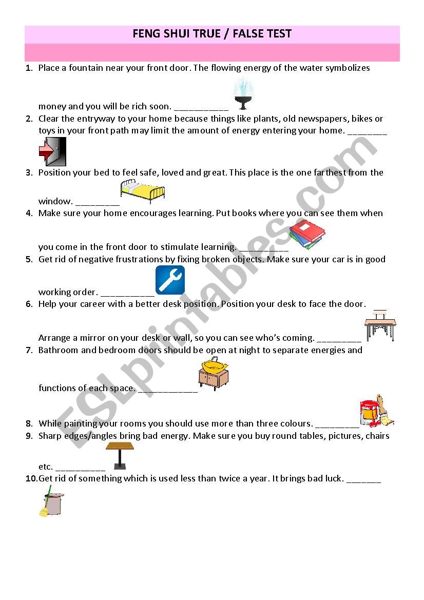 FENG SHUI true/false test worksheet