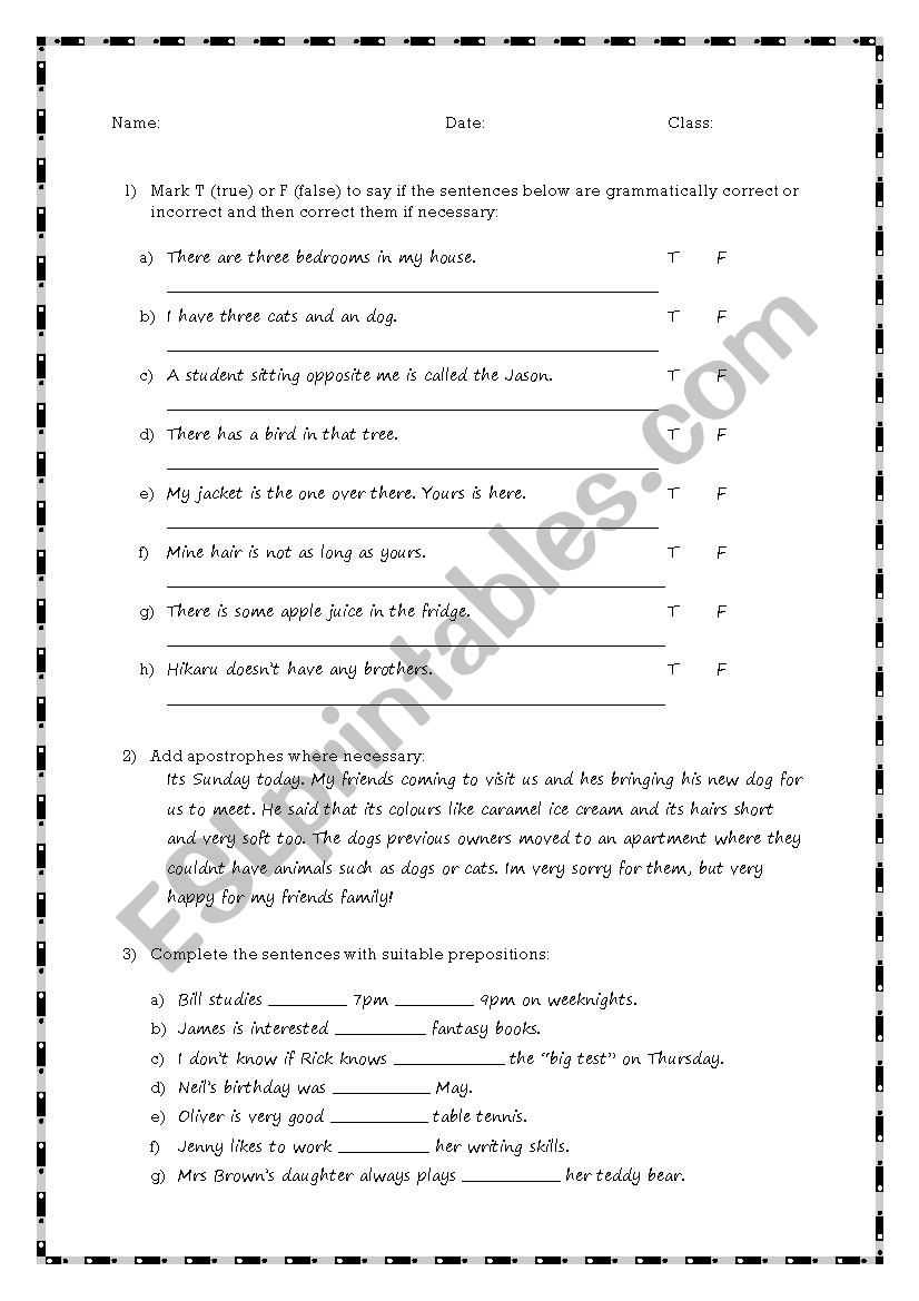 Grammar exercise or test: Apostrophes/Have vs There is/Prepositions