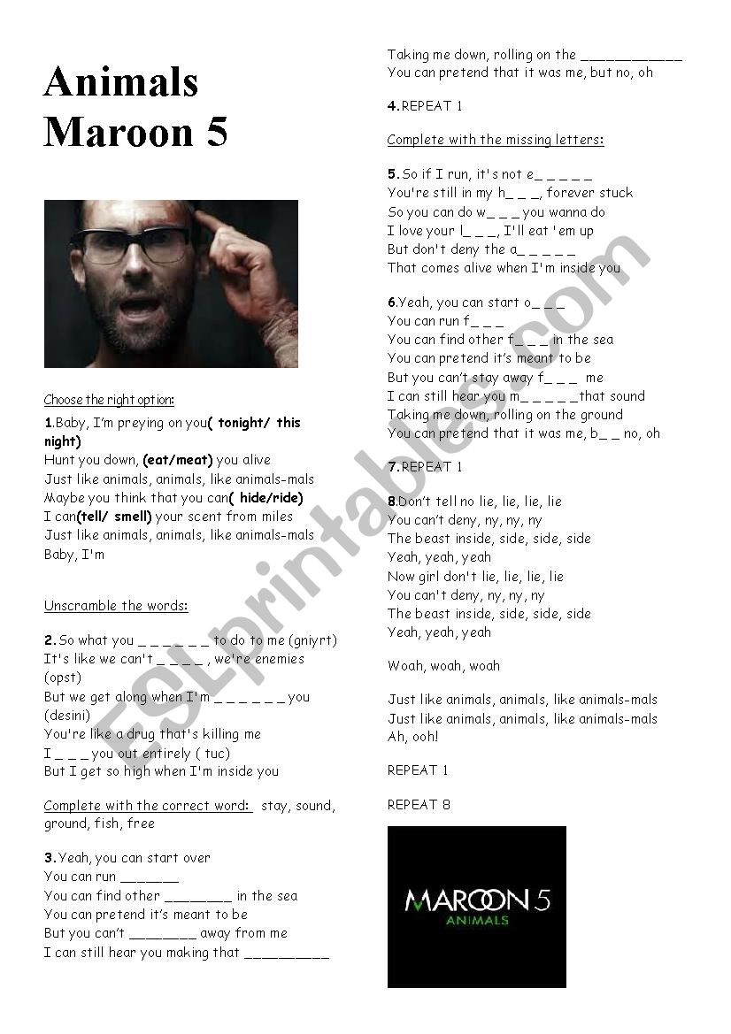 MAROON FIVE ANIMALS worksheet