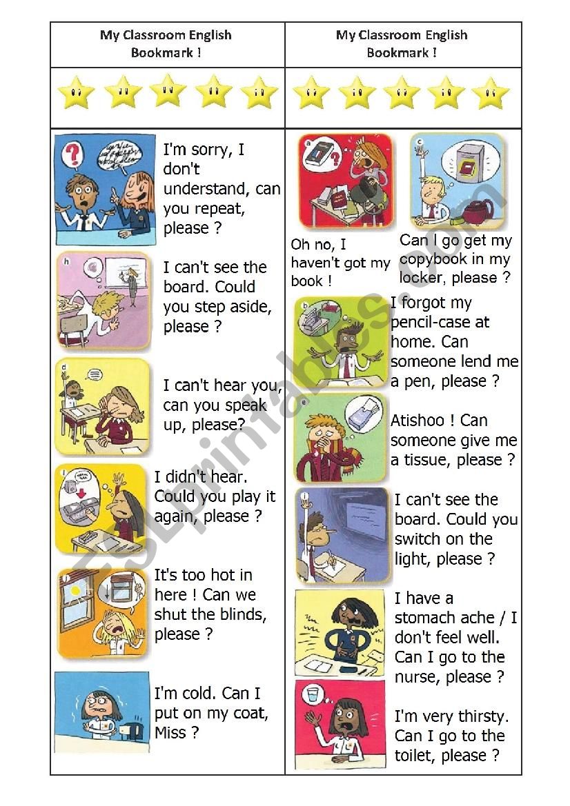 Classroom English BOOKMARK-with answers