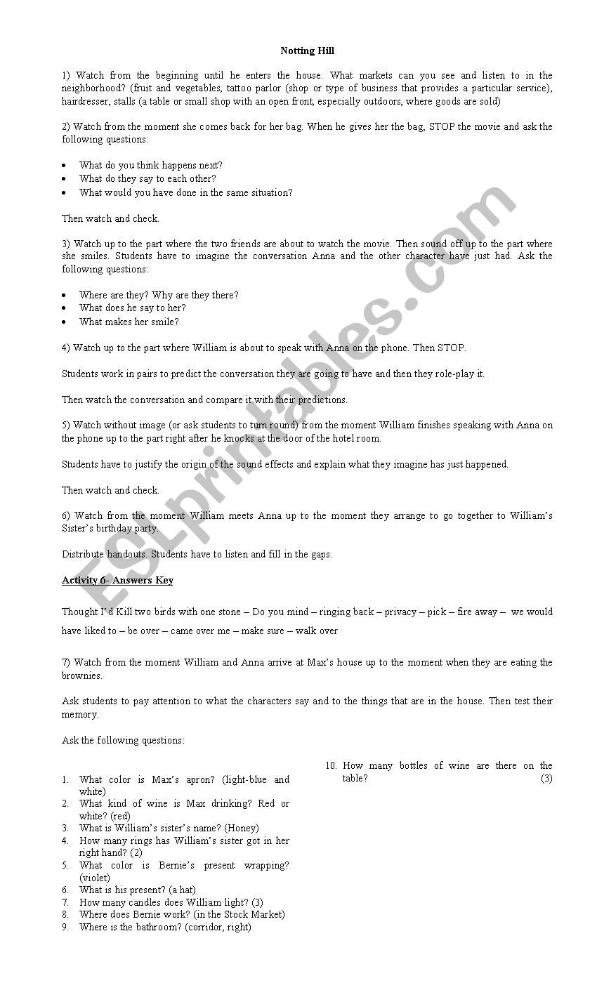 nothing hill worksheet