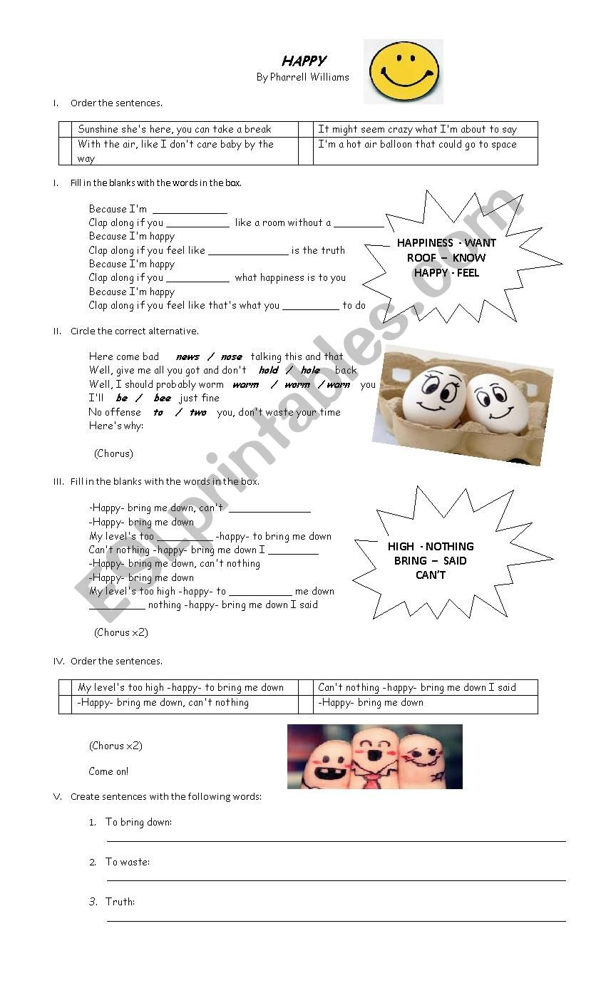 Happy lyrics worksheet