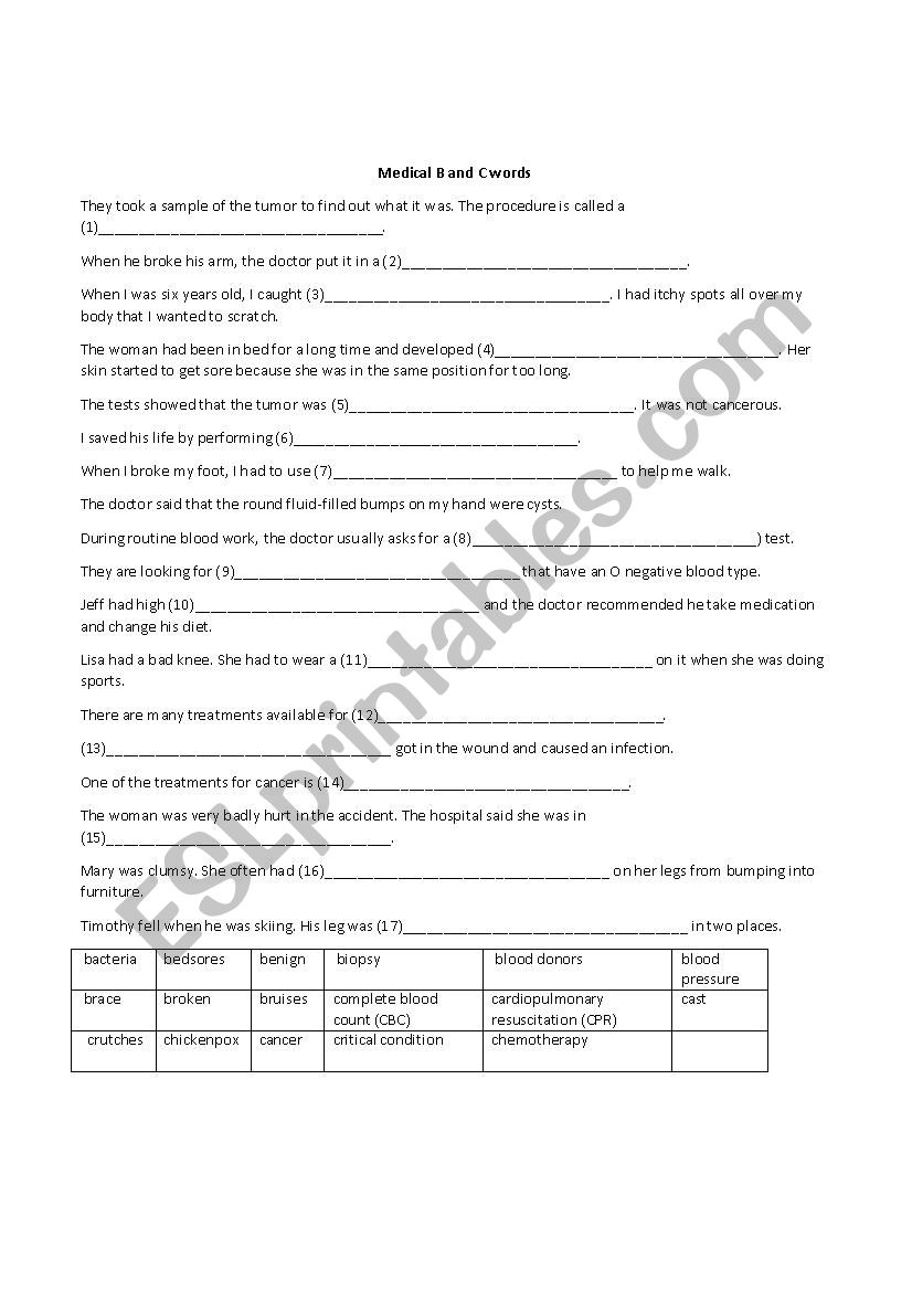 Medical Word Gap Fill Letter B and C