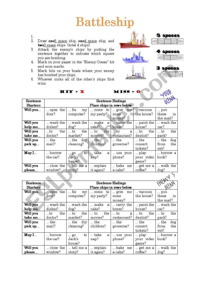 Asking Favors Battleship worksheet