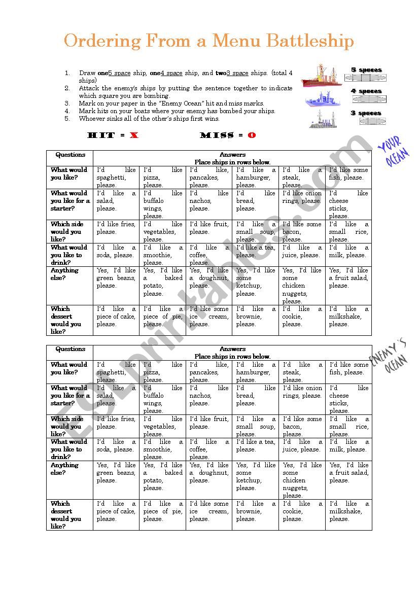 Ordering From A Menu Battleship