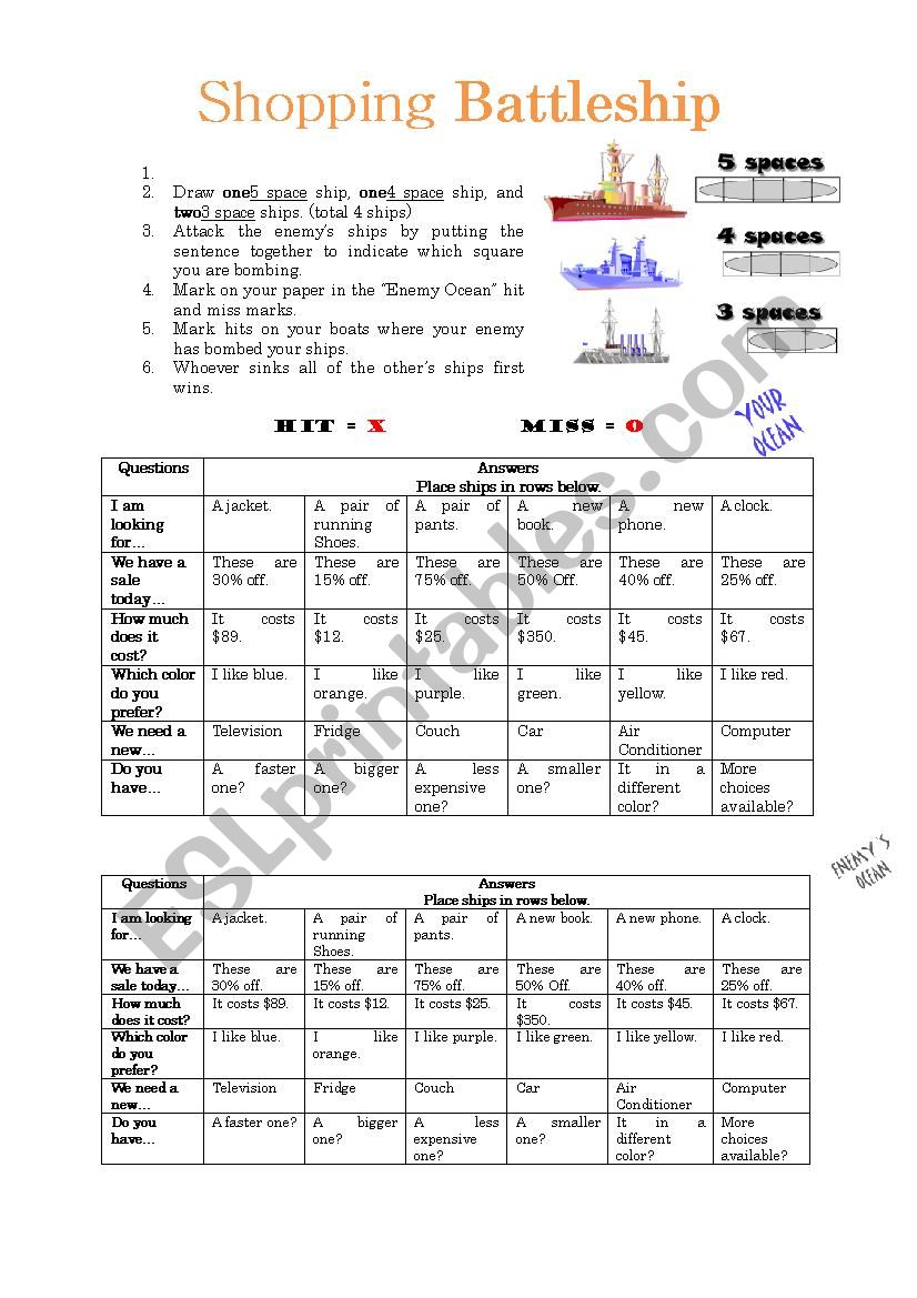 Shopping Battleship worksheet