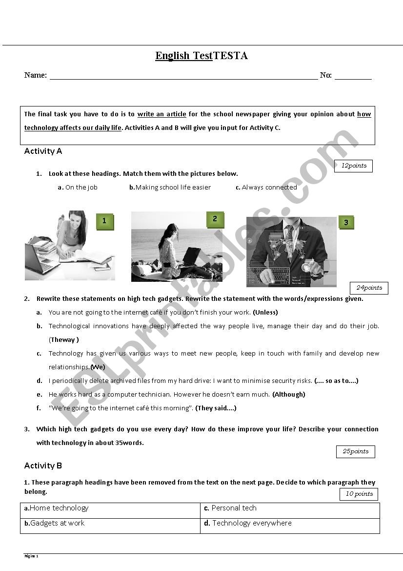 Technology Test worksheet