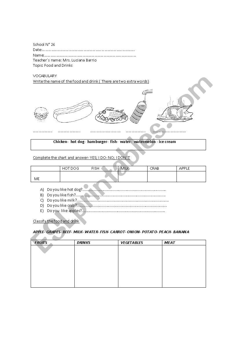 Written test Food and drink worksheet