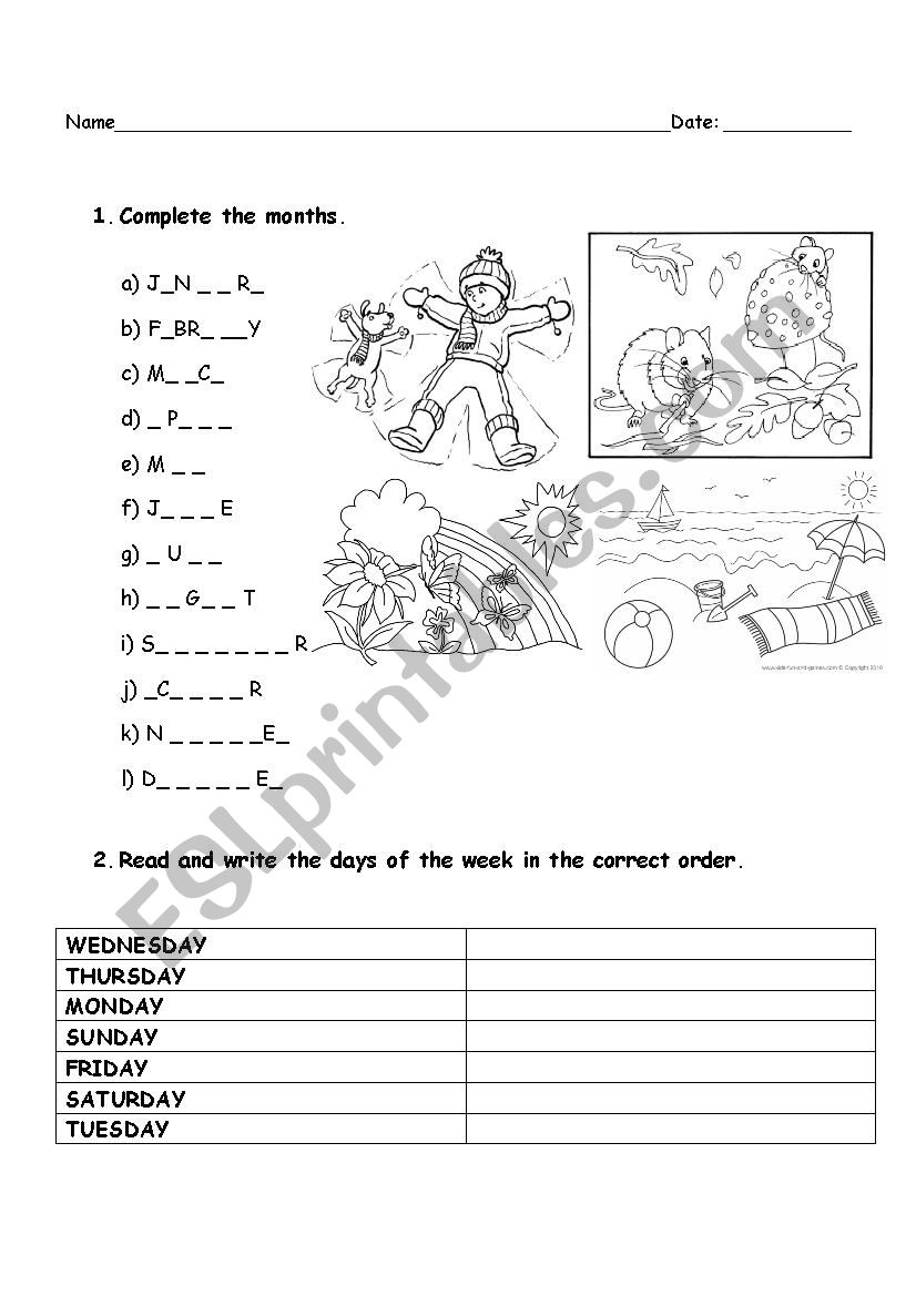 Months and days worksheet