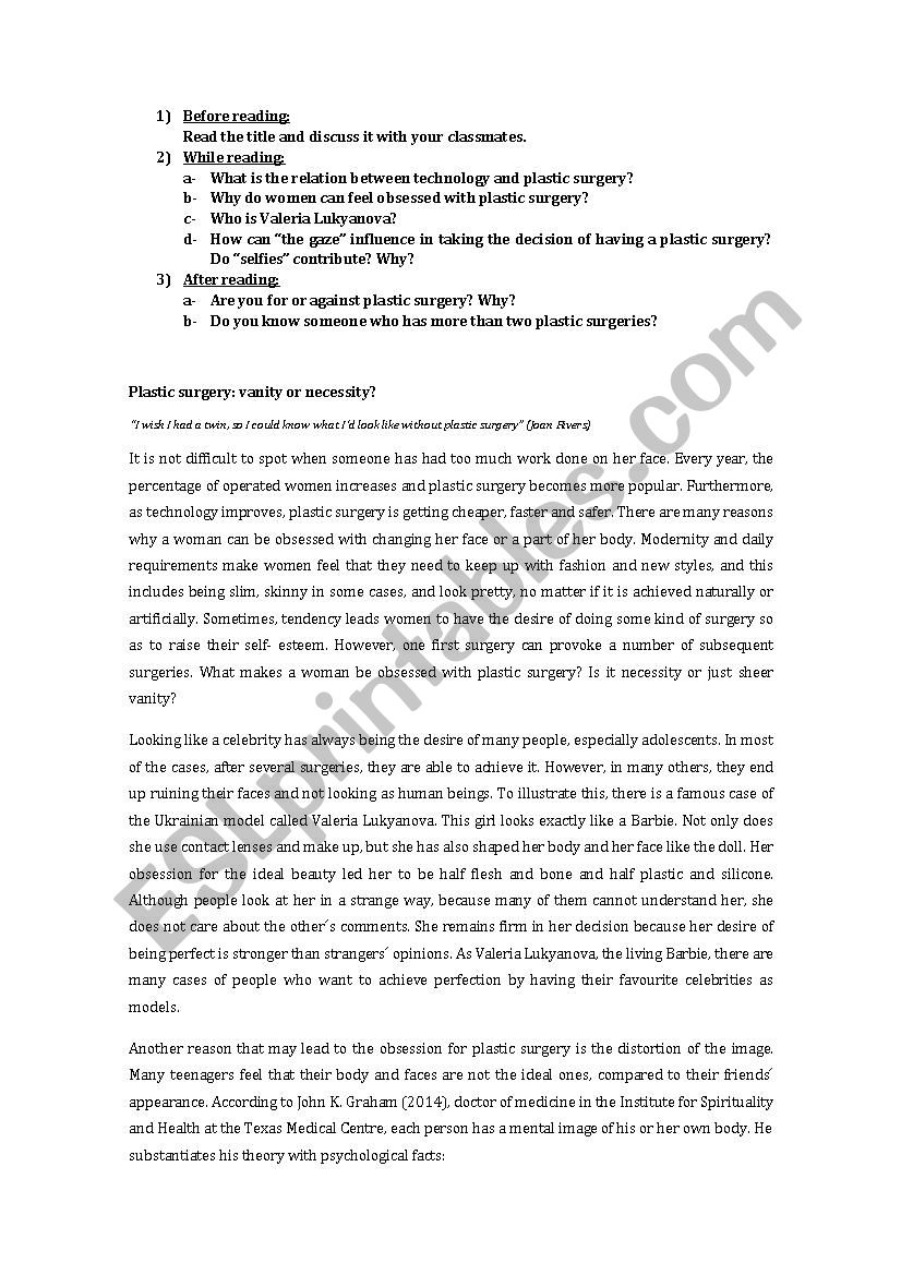 Plastic Surgery worksheet