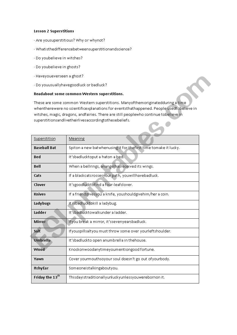 Superstitions worksheet