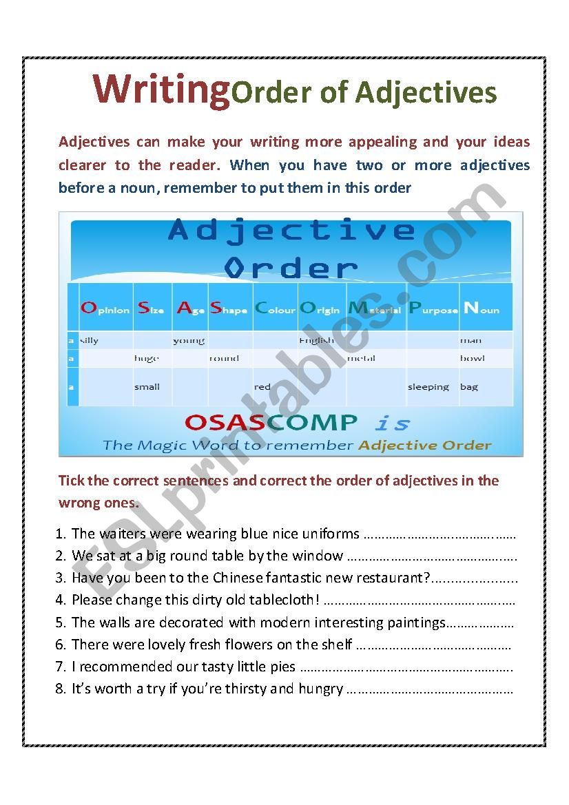 Order of Adjectives - How do you put adjectives in a sentence properly? 
