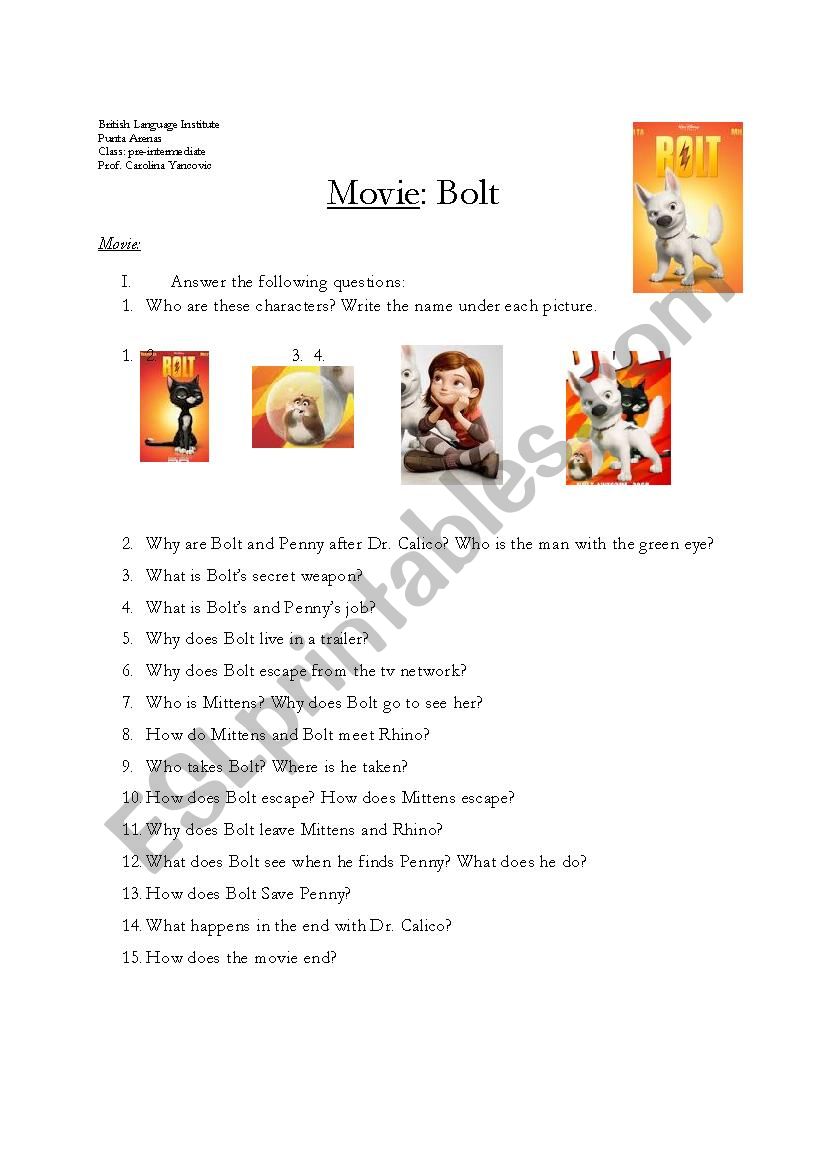 Bolt movie handout worksheet