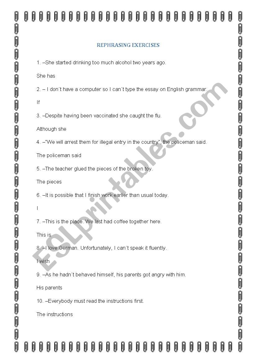 Rephrasing exercises worksheet