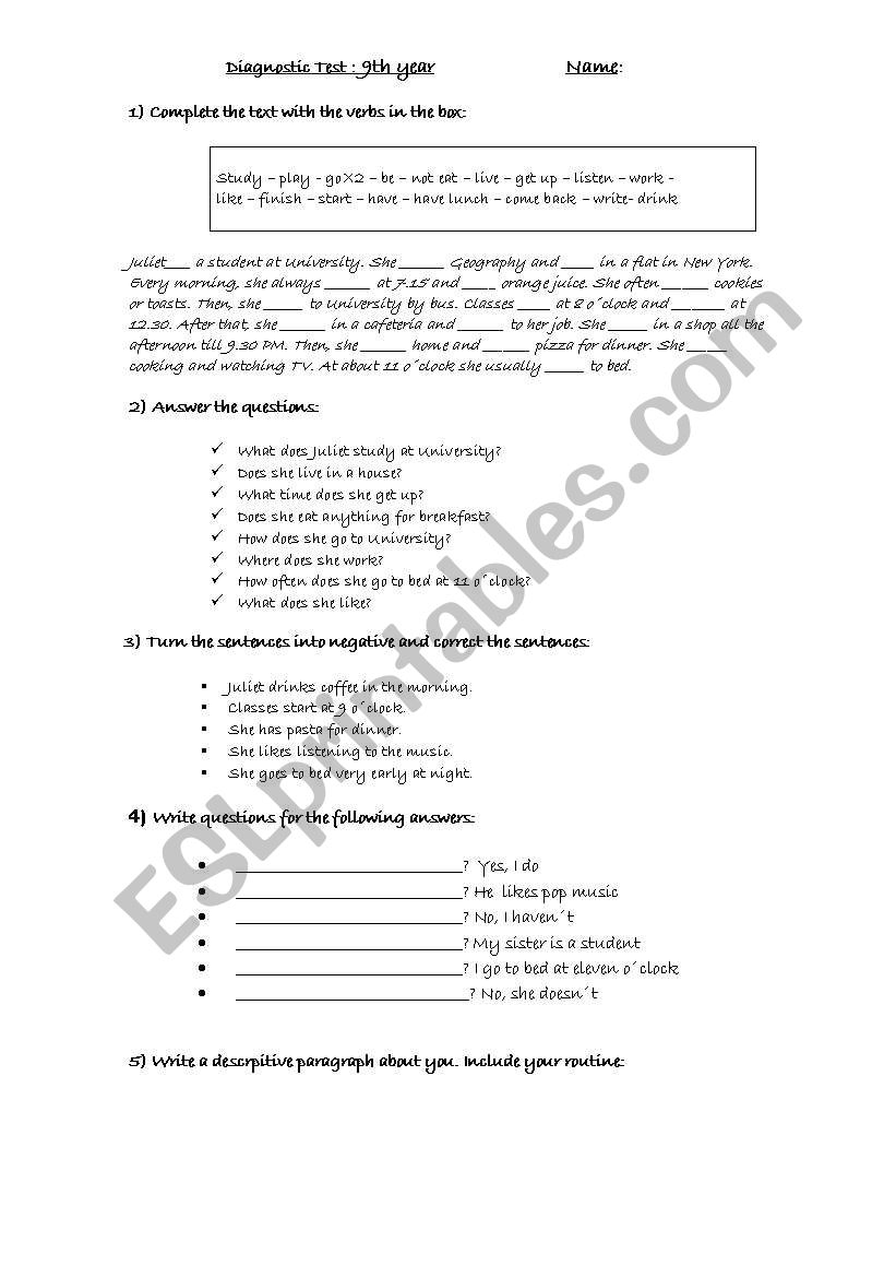 diagnosis test worksheet