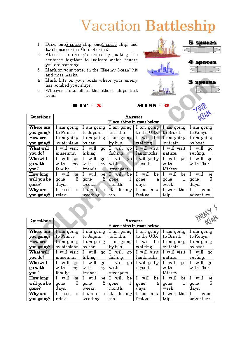 Vacation Battleship worksheet