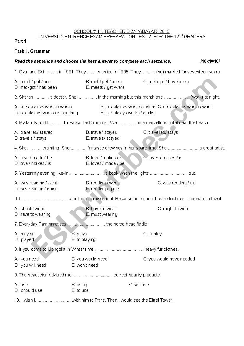 UNIVERSITY ENTRENCE EXAM PREPARATION TEST 2  FOR THE 12TH GRADERS