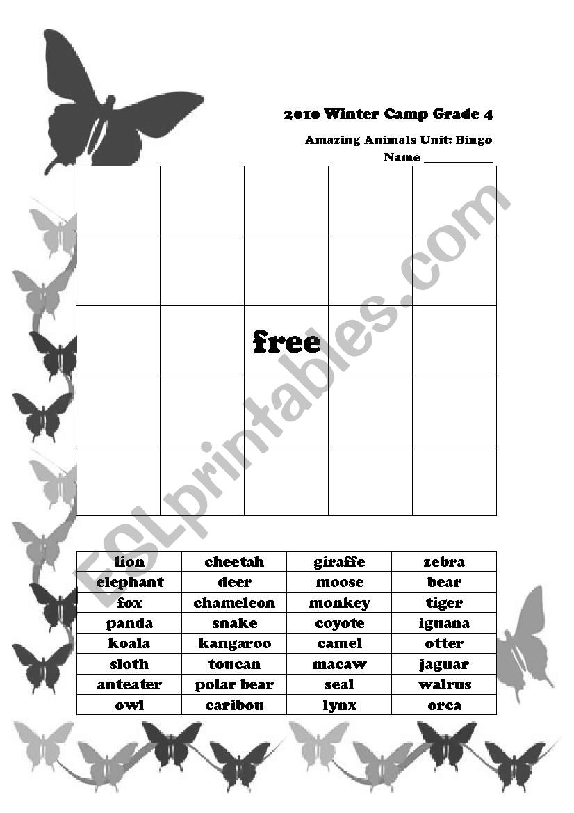 Animal Bingo worksheet