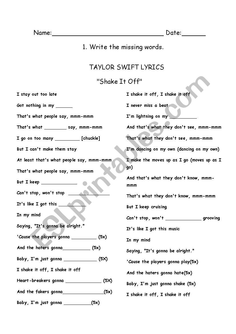 Song : shake it off worksheet