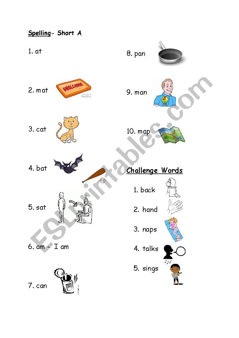 Short a words with pictures worksheet