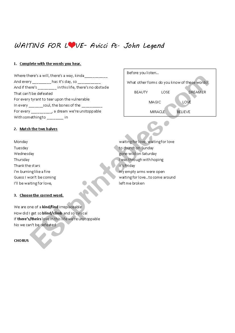 Waiting for Love by Avicci worksheet