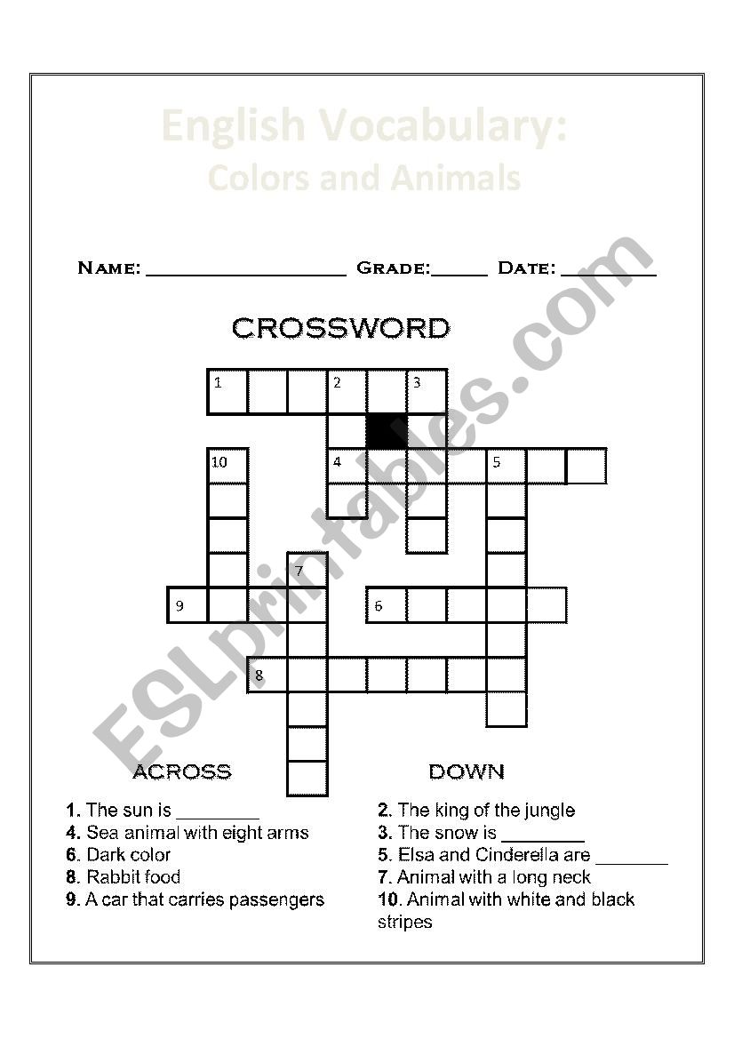 Crossword: Colors and Animals worksheet