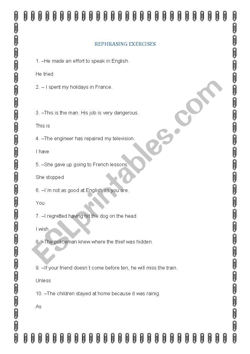 Rephrasing exercises worksheet