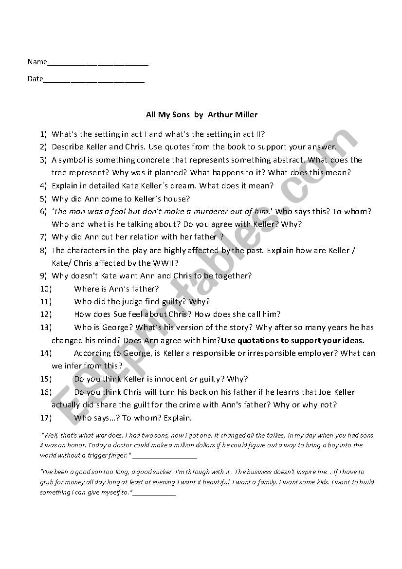 All my sons worksheet