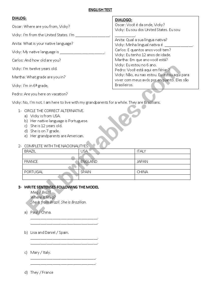 Test - Verb To Be worksheet