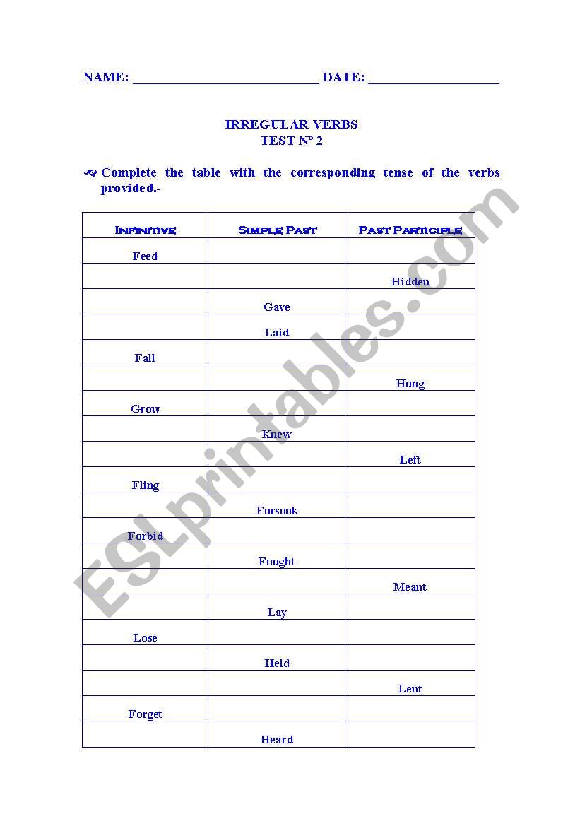 Irregular Verbs Test n 2 worksheet