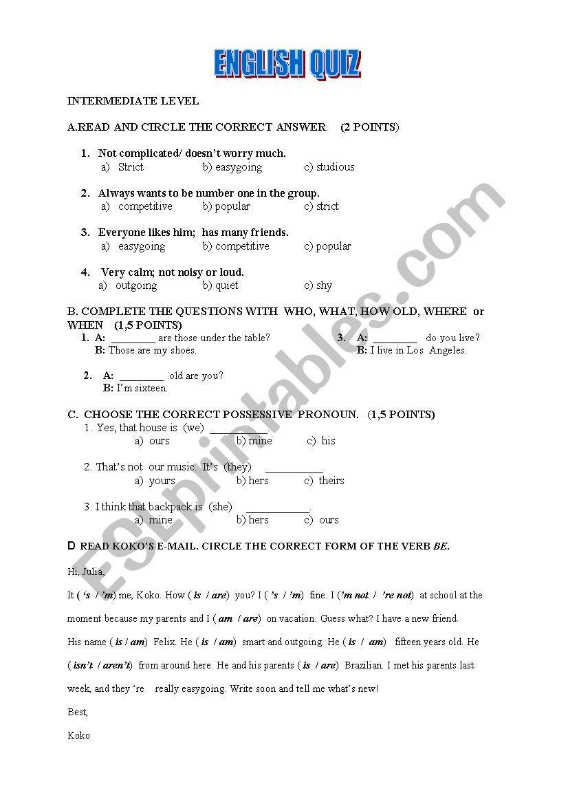 English Test for  Intermediate level