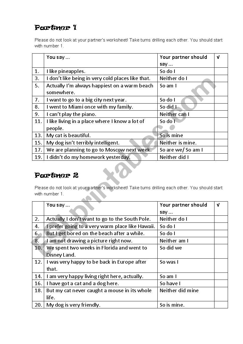 Pairwork worksheet