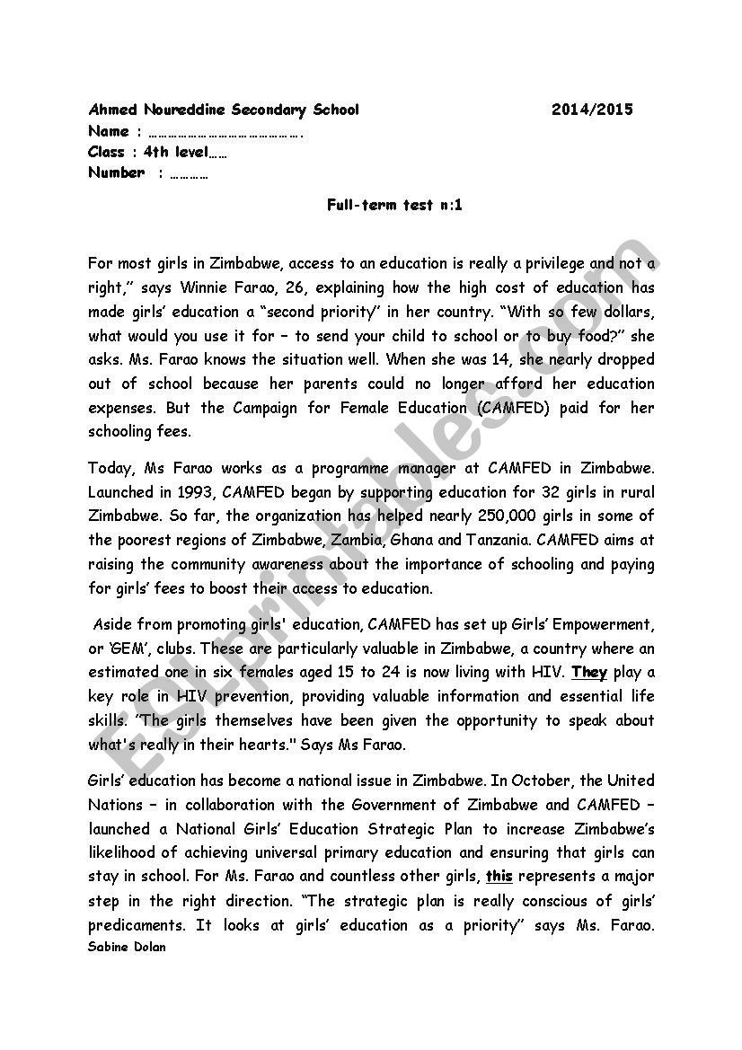 Full-term test n 1 for the 4th level