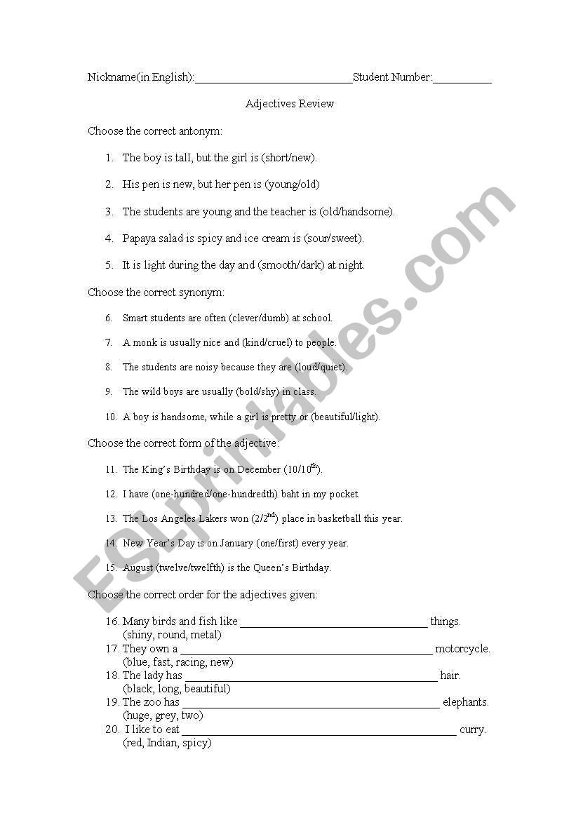 Adjectives Review worksheet