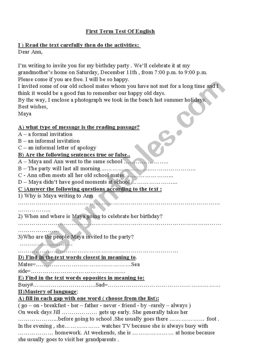 the first term exam worksheet