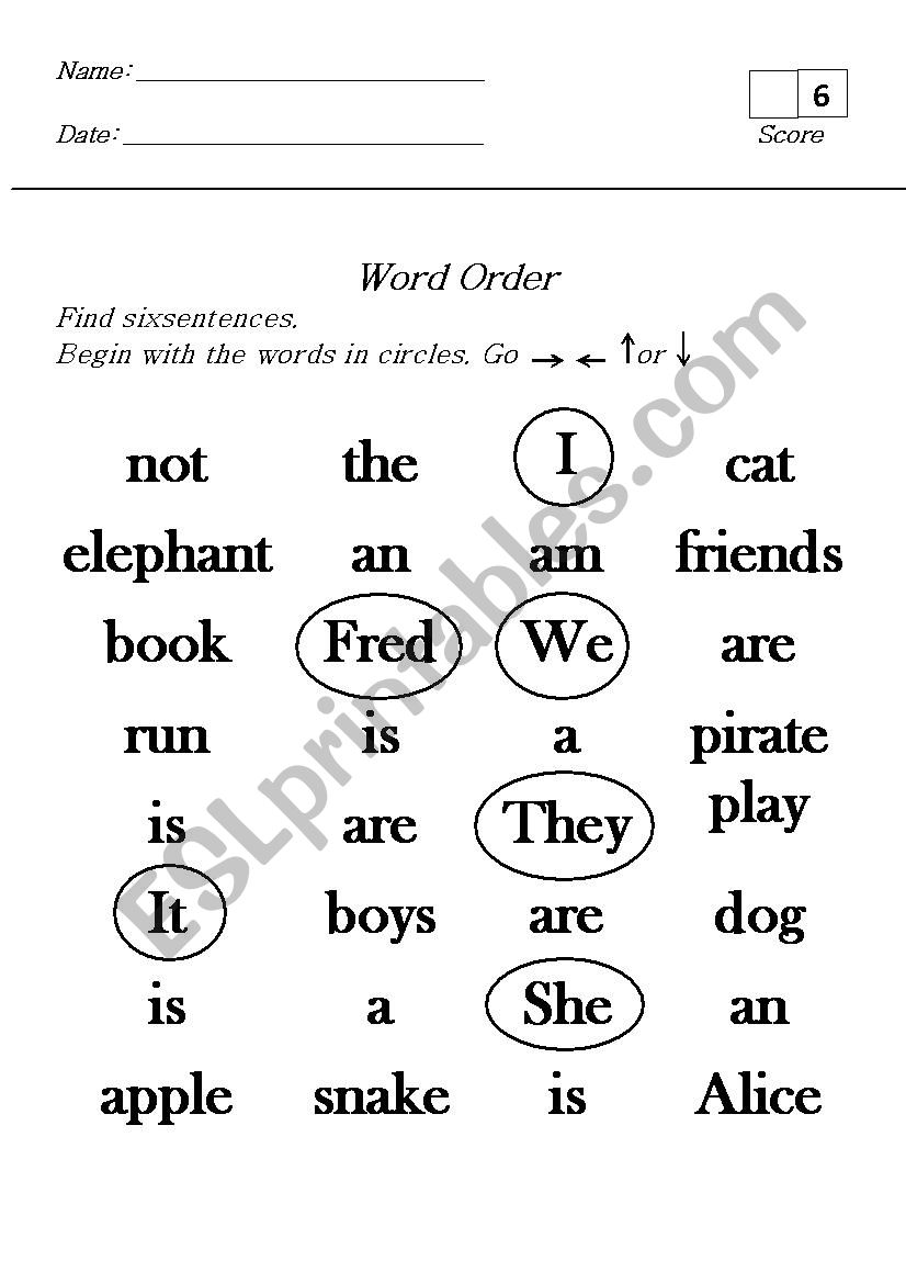 Find six sentences worksheet