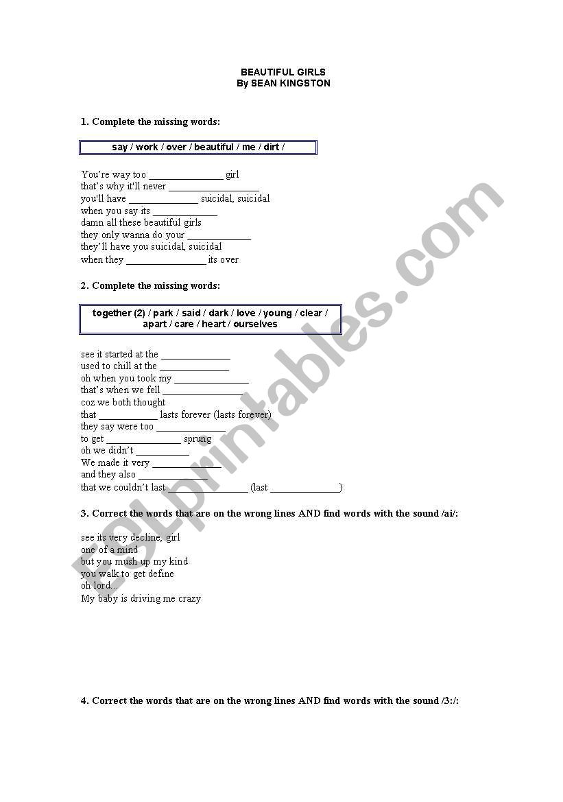 BEAUTIFUL GIRLS SONG worksheet