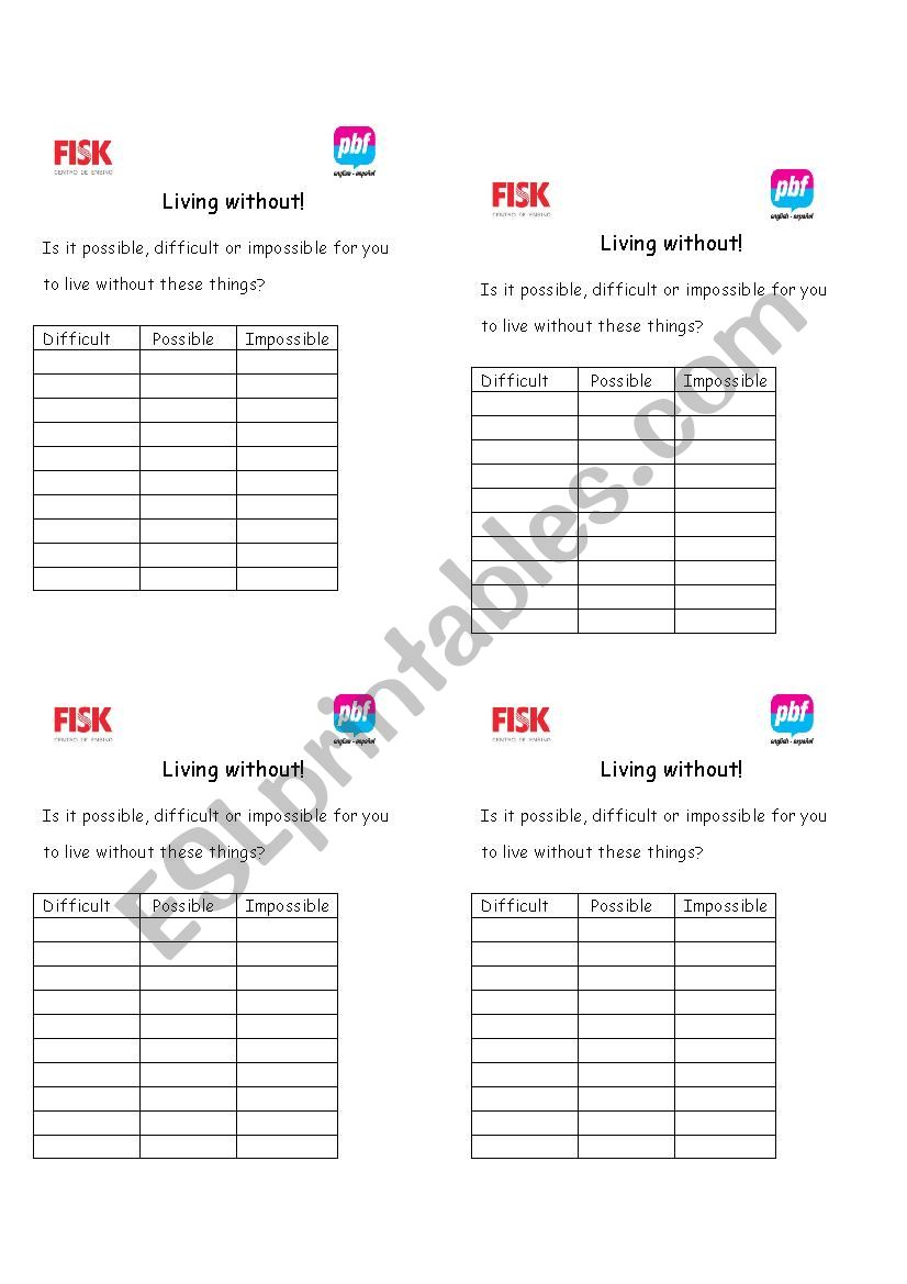 Living without it worksheet